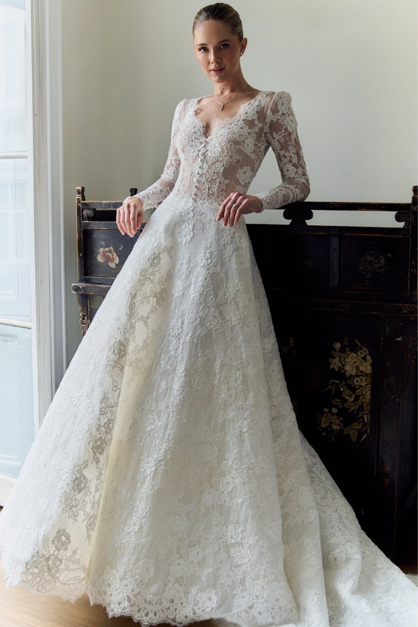 Wisteria Halo: French Lace A-Line Wedding Dress | Caroline Castigliano Wisteria Halo: French Lace A-Line Wedding Dress | Caroline Castigliano