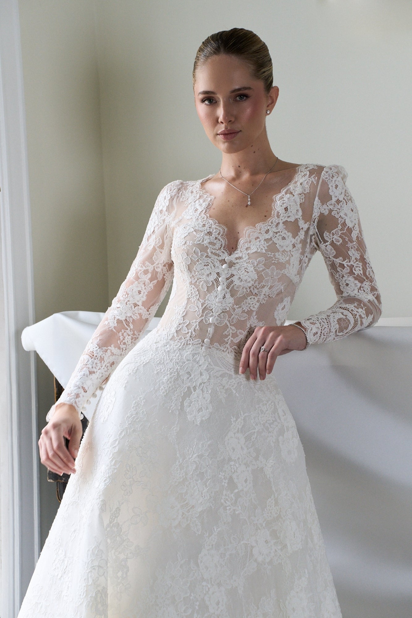 Wisteria Halo: French Lace A-Line Wedding Dress