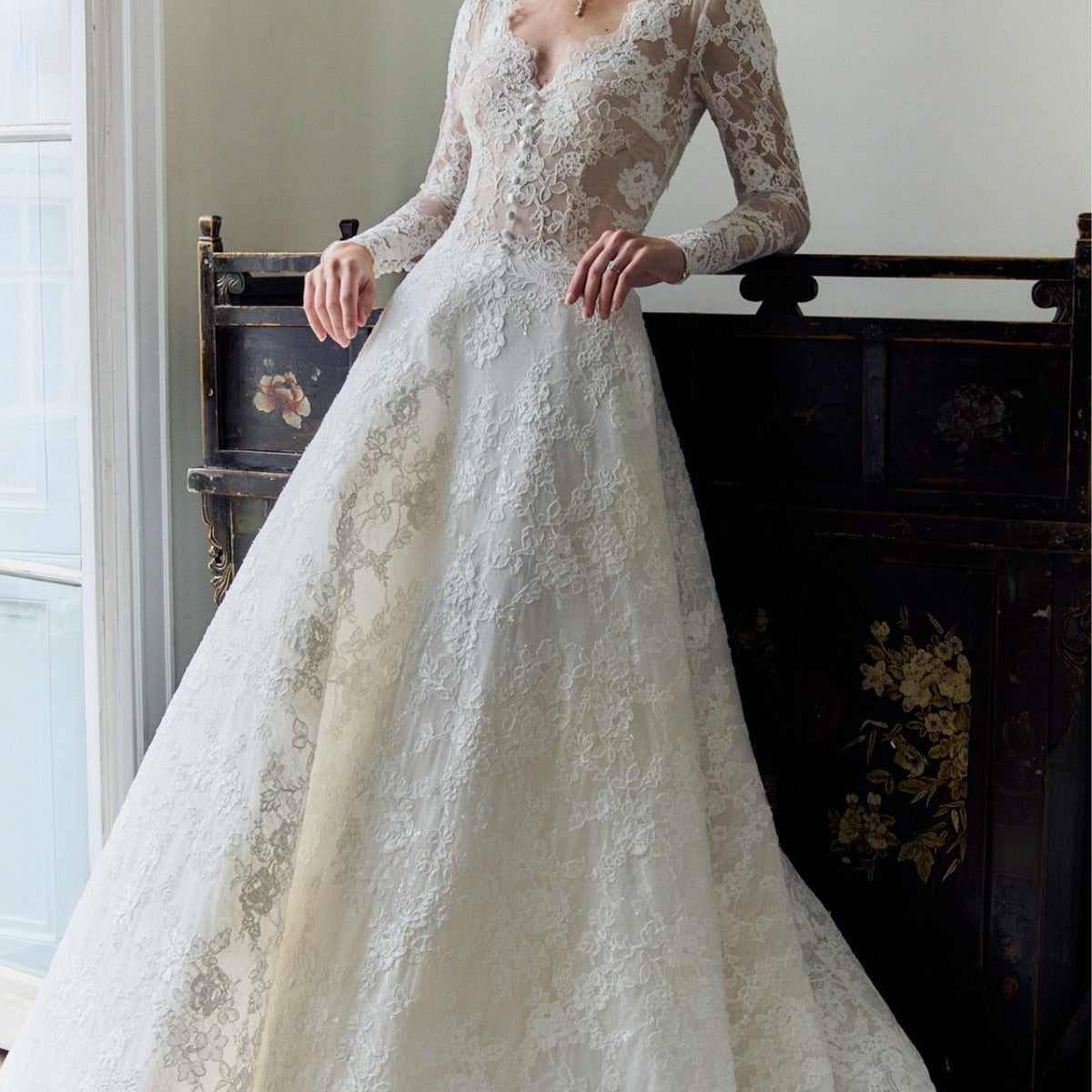 Wisteria Halo: French Lace A-Line Wedding Dress | Caroline Castigliano